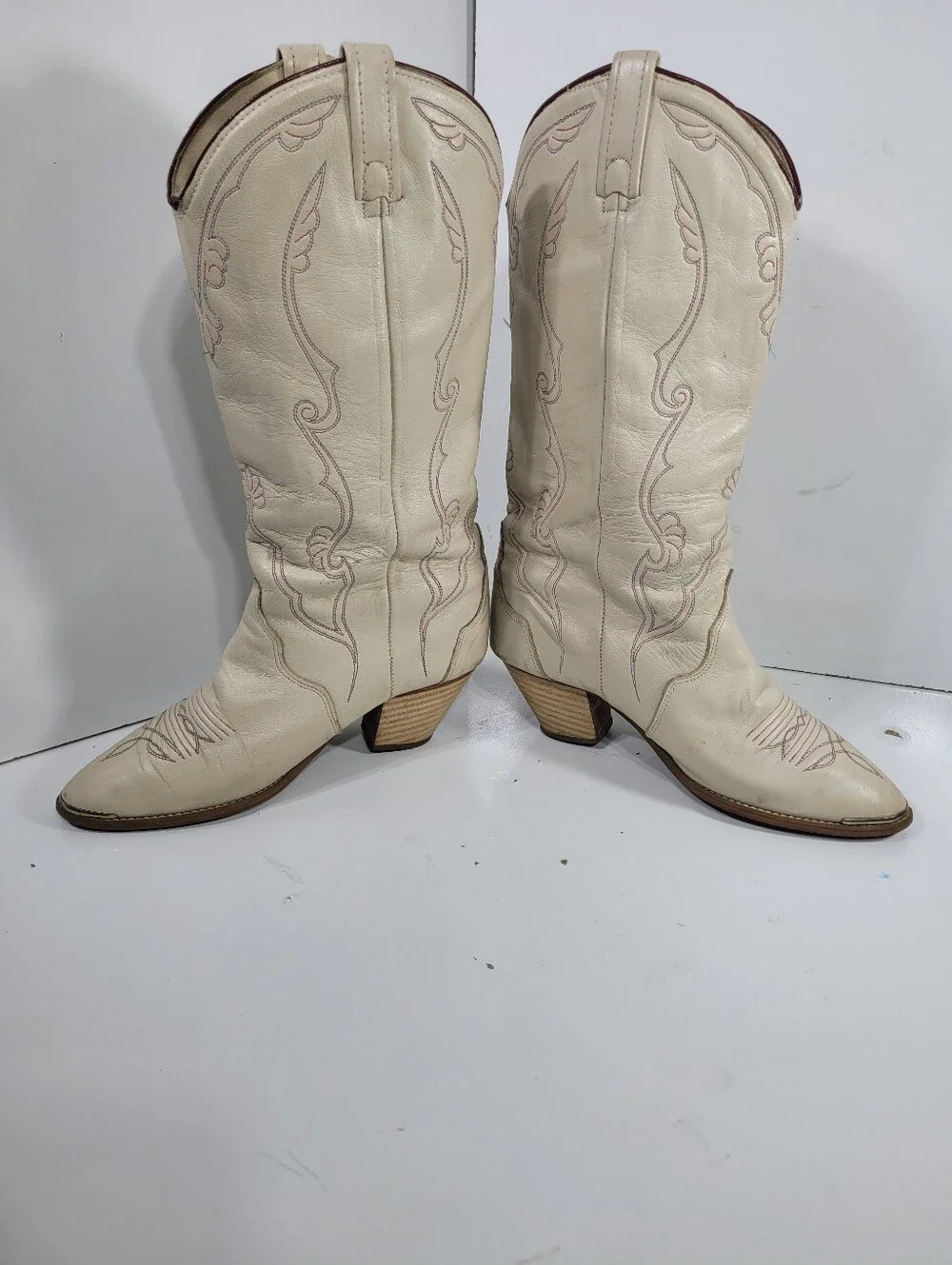 Vtg ACME Cream Leather Cowboy Boots Womens 7.5 M READ Disintegrating Lining